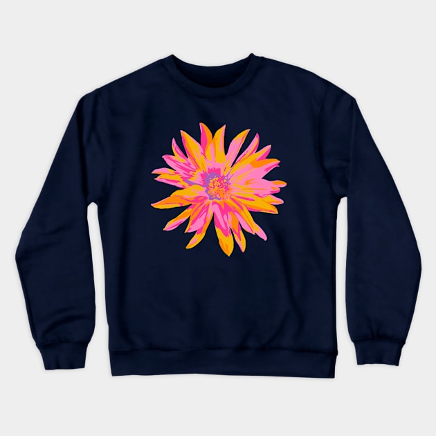 DAHLIA BURSTS Abstract Blooming Floral Summer Bright Flowers - Fuchsia Pink Yellow Purple on Dark Blue - UnBlink Studio by Jackie Tahara Crewneck Sweatshirt by UnBlink Studio by Jackie Tahara